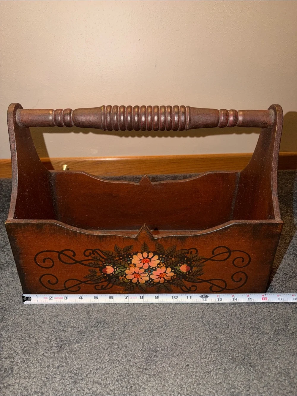 Vintage Wooden Hand-Painted Floral Caddy Storage Magazine Holder Box